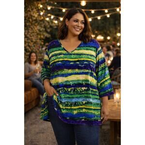 Susan Graver Multicolor Abstract Stripe Liquid Knit Pullover Plus Tunic Women 3X